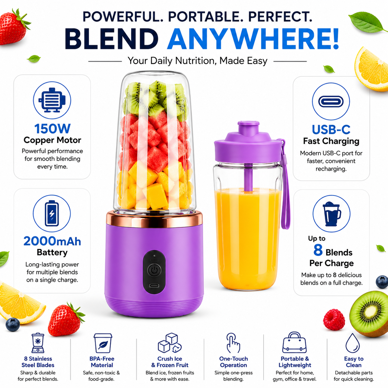 Portable Blender Electric Juicers Fruit Mixers USB Rechargeable
