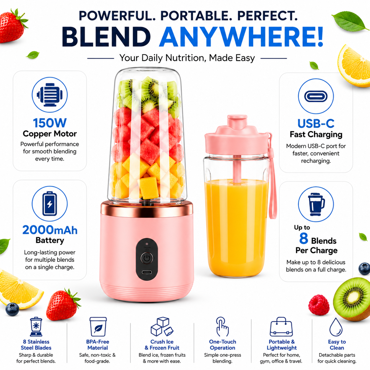Portable Blender Electric Juicers Fruit Mixers USB Rechargeable