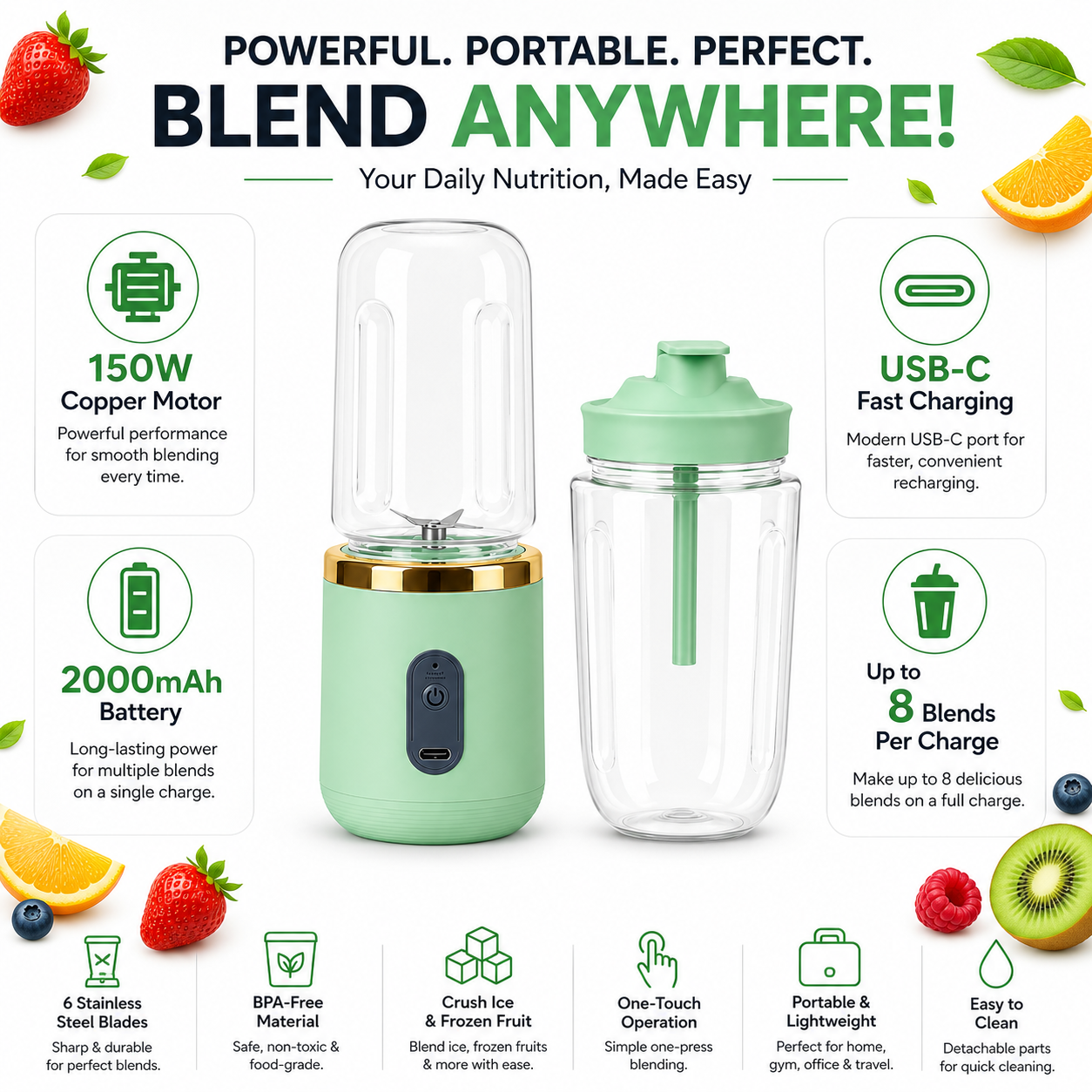 Portable Blender Electric Juicers Fruit Mixers USB Rechargeable