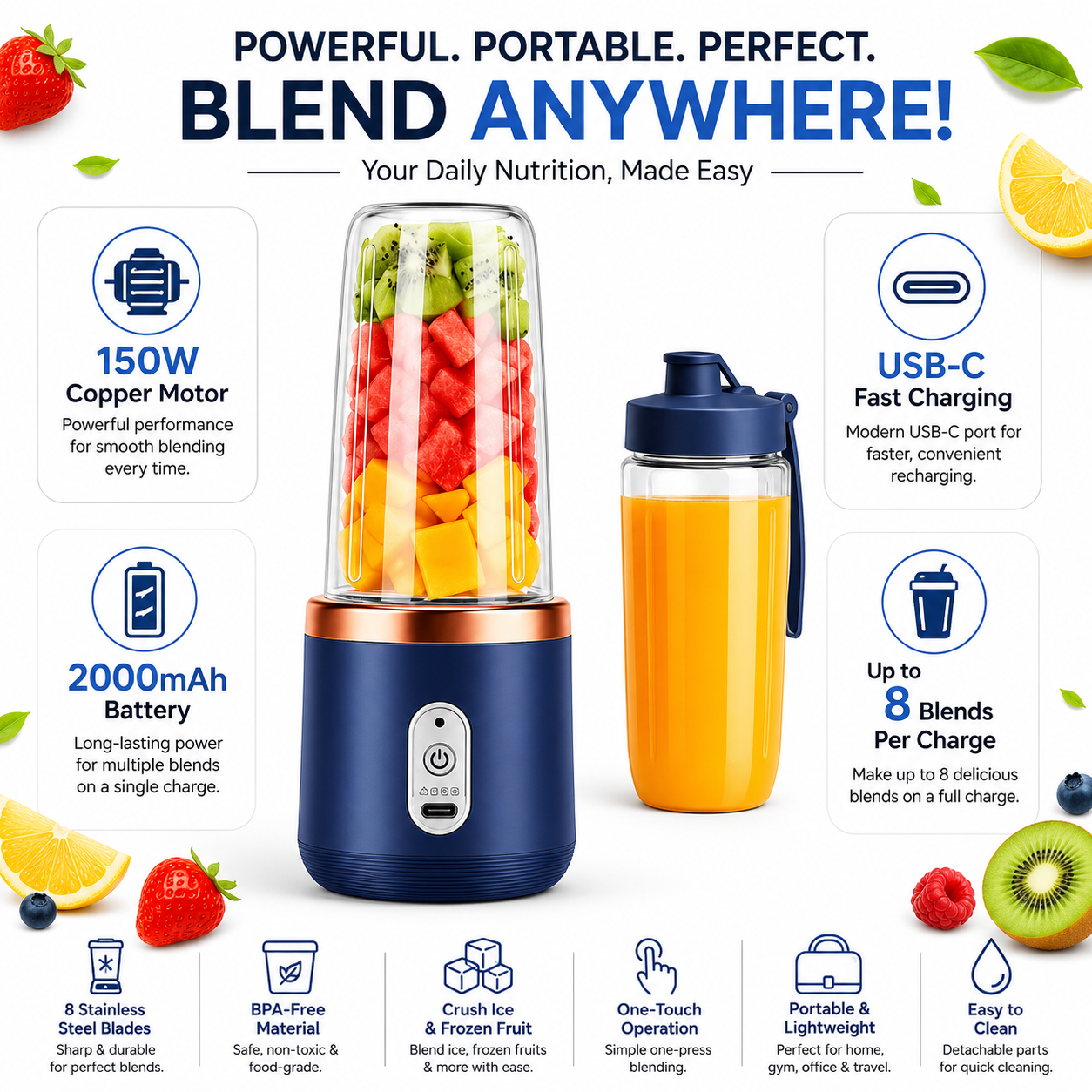 Portable Blender Electric Juicers Fruit Mixers USB Rechargeable